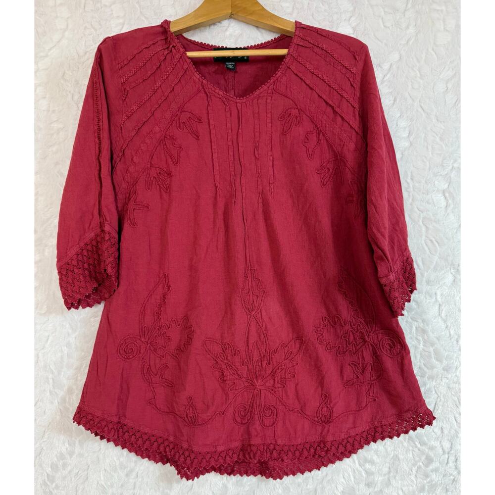 Gretty Zueger Dark Red Embroidered Crochet Boho Lagenlook Tunic Top Peru Medium
